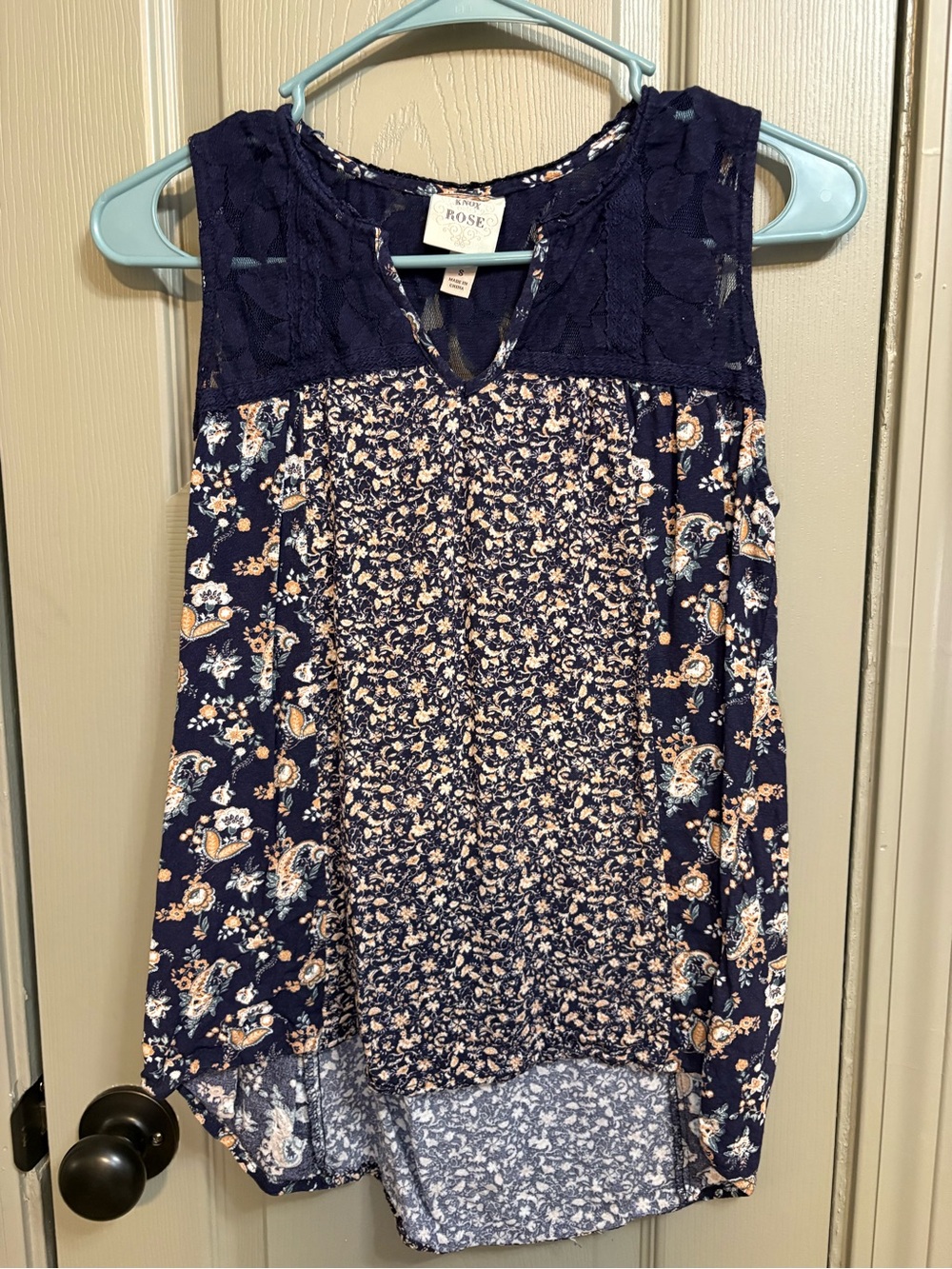 Knox Rose Navy and Cream Floral Lace-Trim Women’s Tank Top